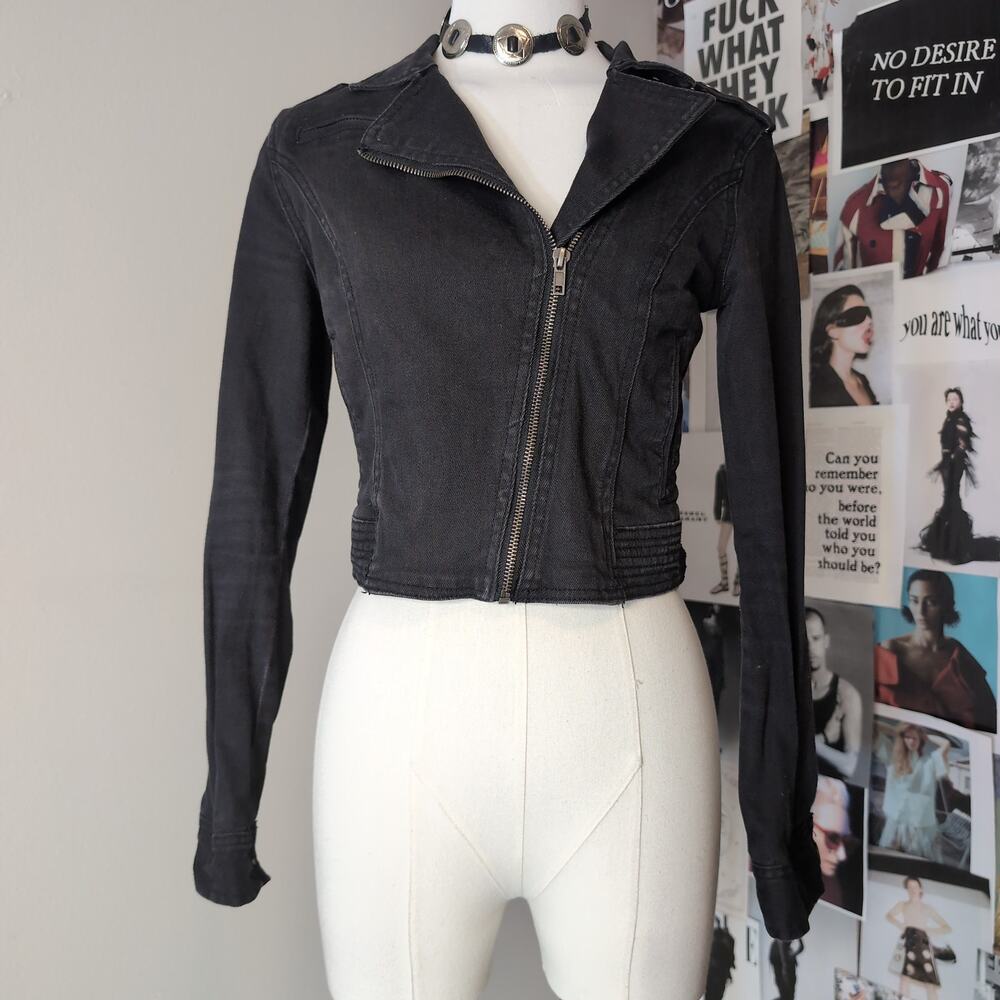 Cropped Asymmetric Zip Denim Moto Jacket